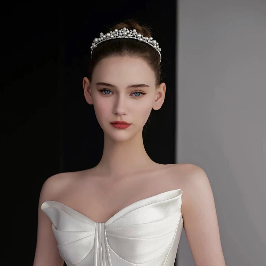 Korean Pearls Wedding Tiaras Headpices Sparkling Bridal Headbands Brides Hair Accessories Evening Head Wear