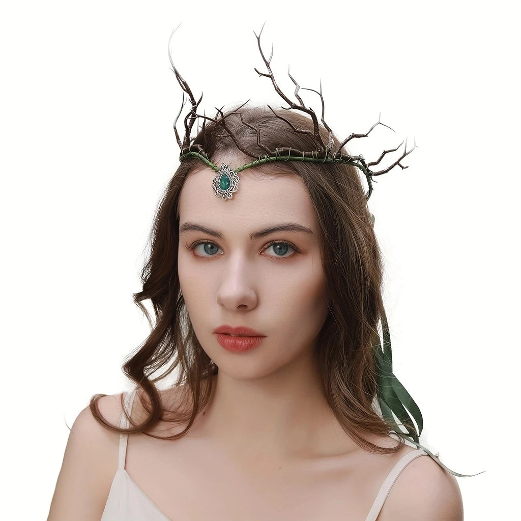 Handmade forest branch rattan hair crown crystal forehead pendant fairy decorative hair band exaggerated goth elf eyebrows penda