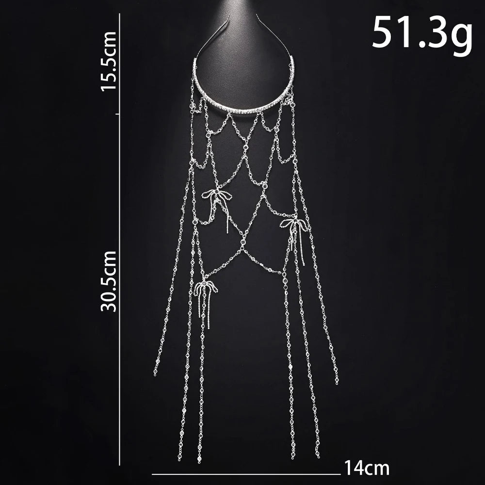 Fashion Design Bow Tassel Headband Hat Wedding Hair Accessories Bridal Mesh Rhinestone Head Chain Headpiece Women Jewelry Gift