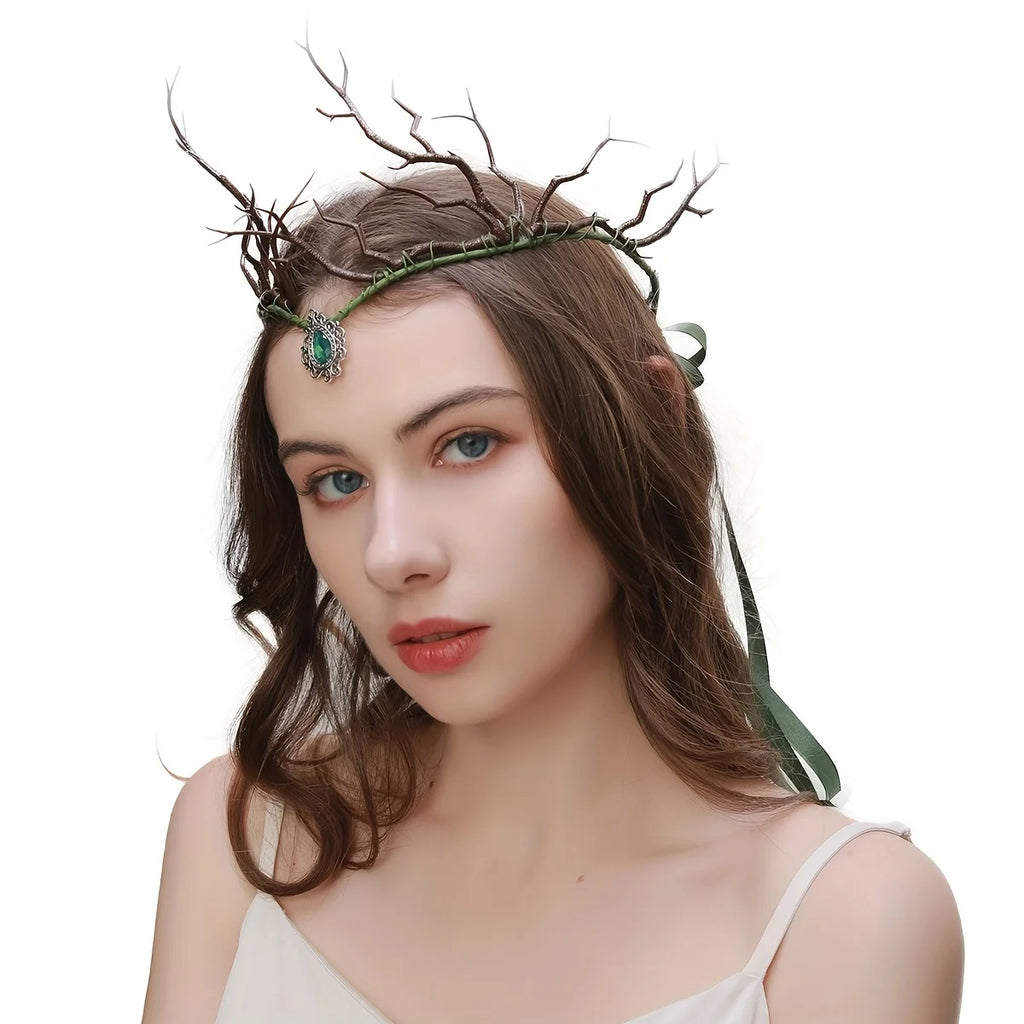Handmade forest branch rattan hair crown crystal forehead pendant fairy decorative hair band exaggerated goth elf eyebrows penda
