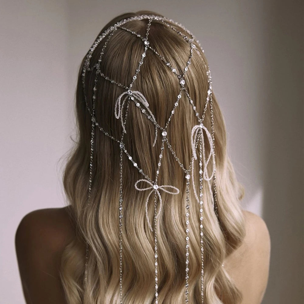Fashion Design Bow Tassel Headband Hat Wedding Hair Accessories Bridal Mesh Rhinestone Head Chain Headpiece Women Jewelry Gift