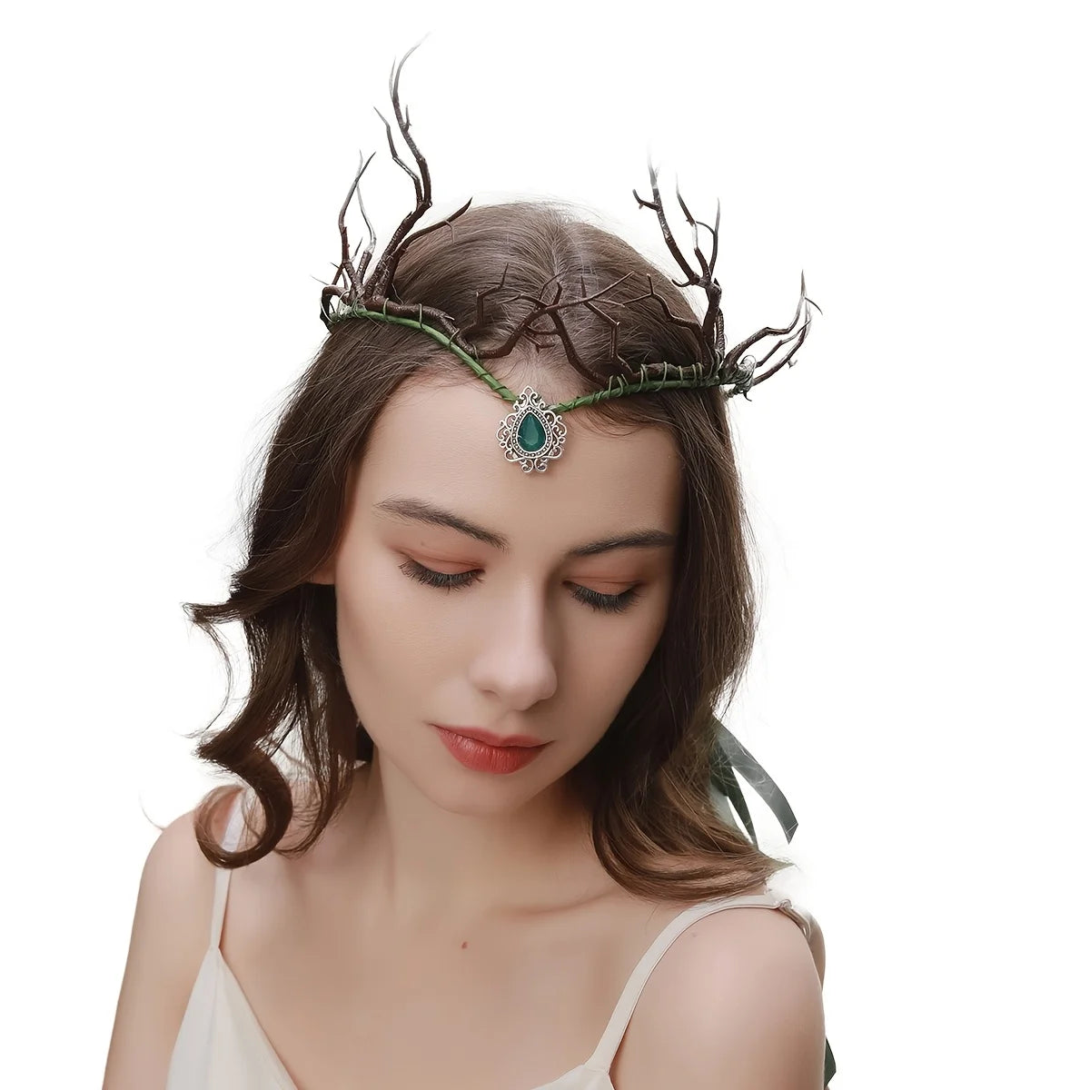 Handmade forest branch rattan hair crown crystal forehead pendant fairy decorative hair band exaggerated goth elf eyebrows penda